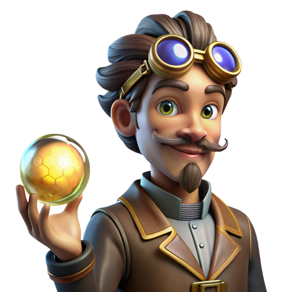 wonderful romantic classic A portrait of a steampunk inventor, intricate goggles, holding a glowing orb, Rembrandt lighting, realistic style artisan png