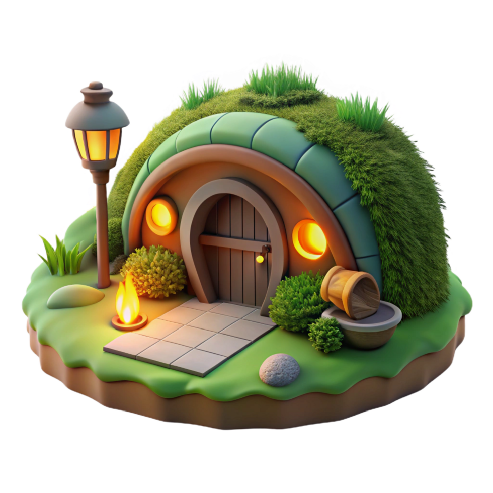 dazzling exemplary A hobbit hole nestled in a hillside, lush green grass, warm firelight, cozy atmosphere, png