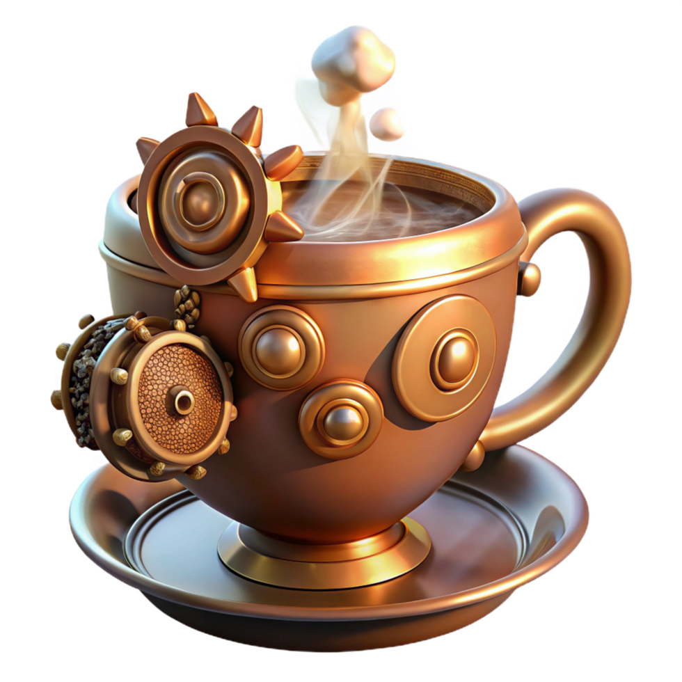 gorgeous unforgettable A steampunk teacup, intricate gears and levers, steam rising from the surface, warm, inviting lighting, still life style png