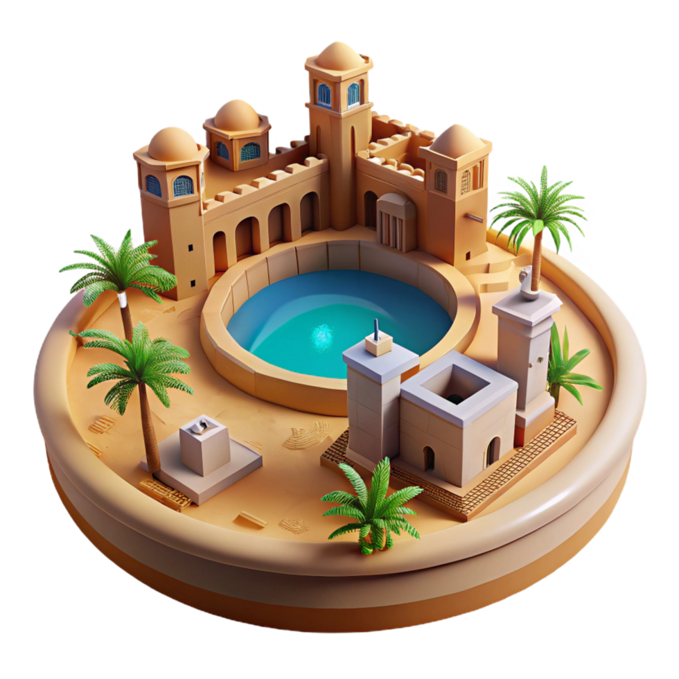 splendid remarkable A desert oasis city built around a giant central well, intense desert sunlight, middle eastern style png