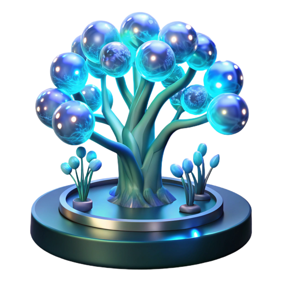 elegant avant garde A genetically modified, bioluminescent tree, with glowing branches and pulsating leaves, stands in the center of a futuristic garden. Surreal style genuine png