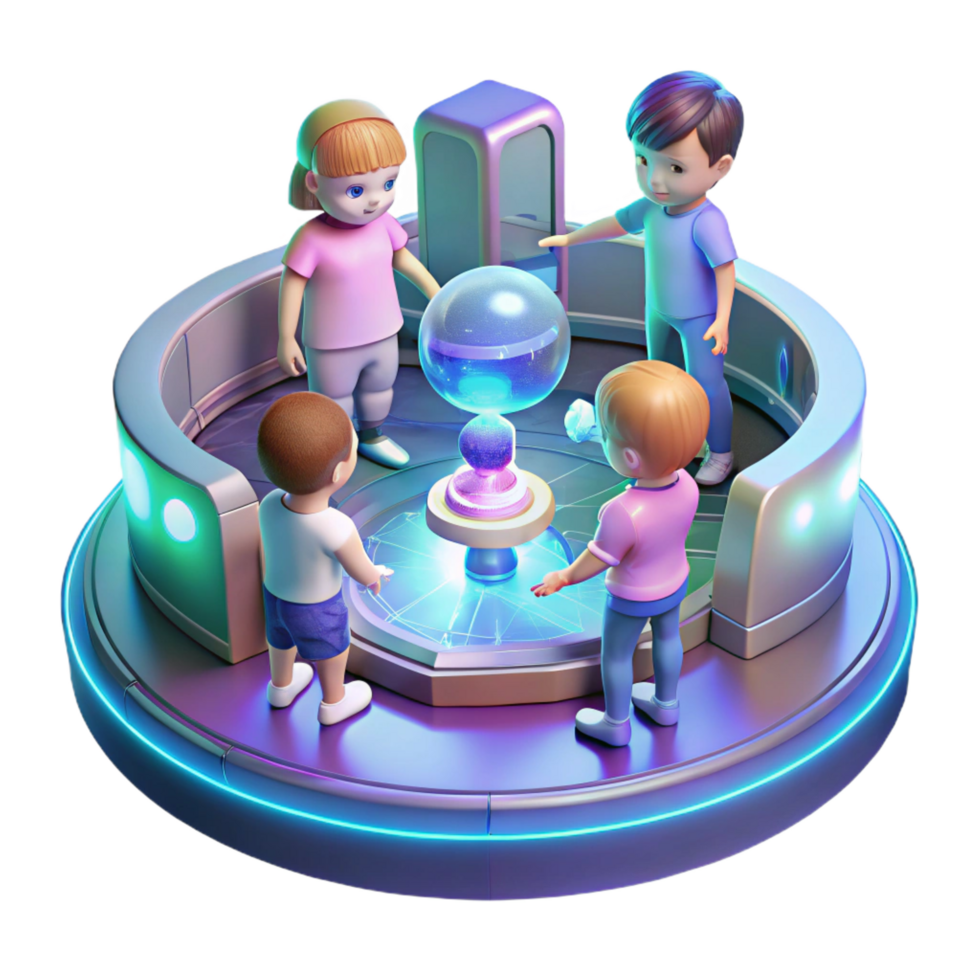 glorious dreamy organic A group of children, playing with holographic toys in a futuristic playground, illuminated by the soft glow of holographic projections. Utopian style high quality png