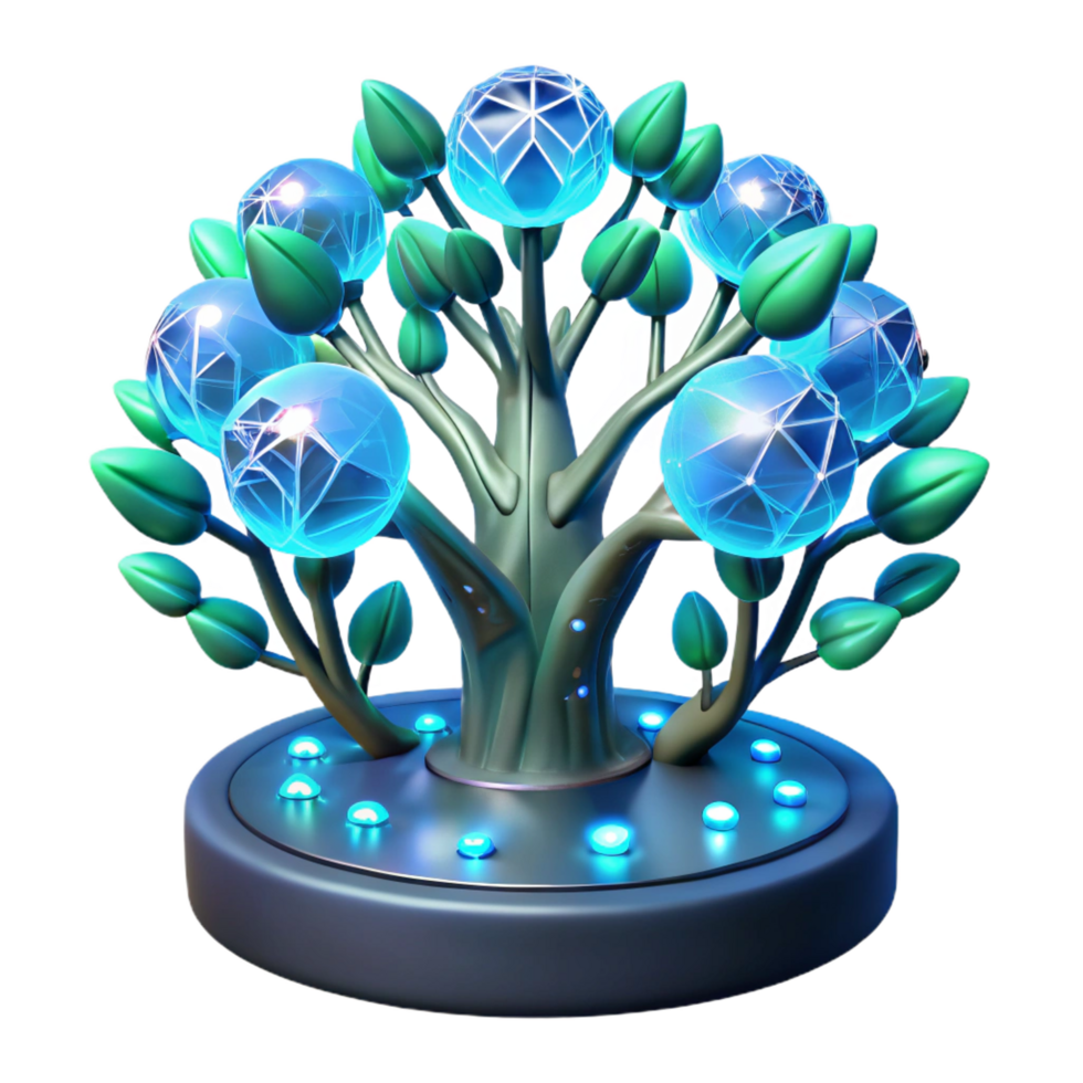 serene ethereal creative A genetically modified, bioluminescent tree, with glowing branches and pulsating leaves, stands in the center of a futuristic garden. Surreal style high quality png