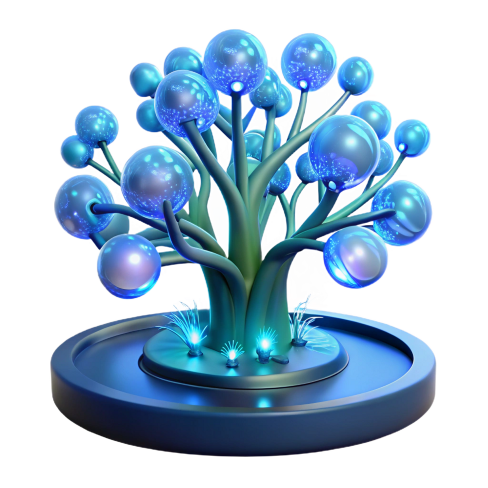 mesmerizing baroque A genetically modified, bioluminescent tree, with glowing branches and pulsating leaves, stands in the center of a futuristic garden. Surreal style impeccable png