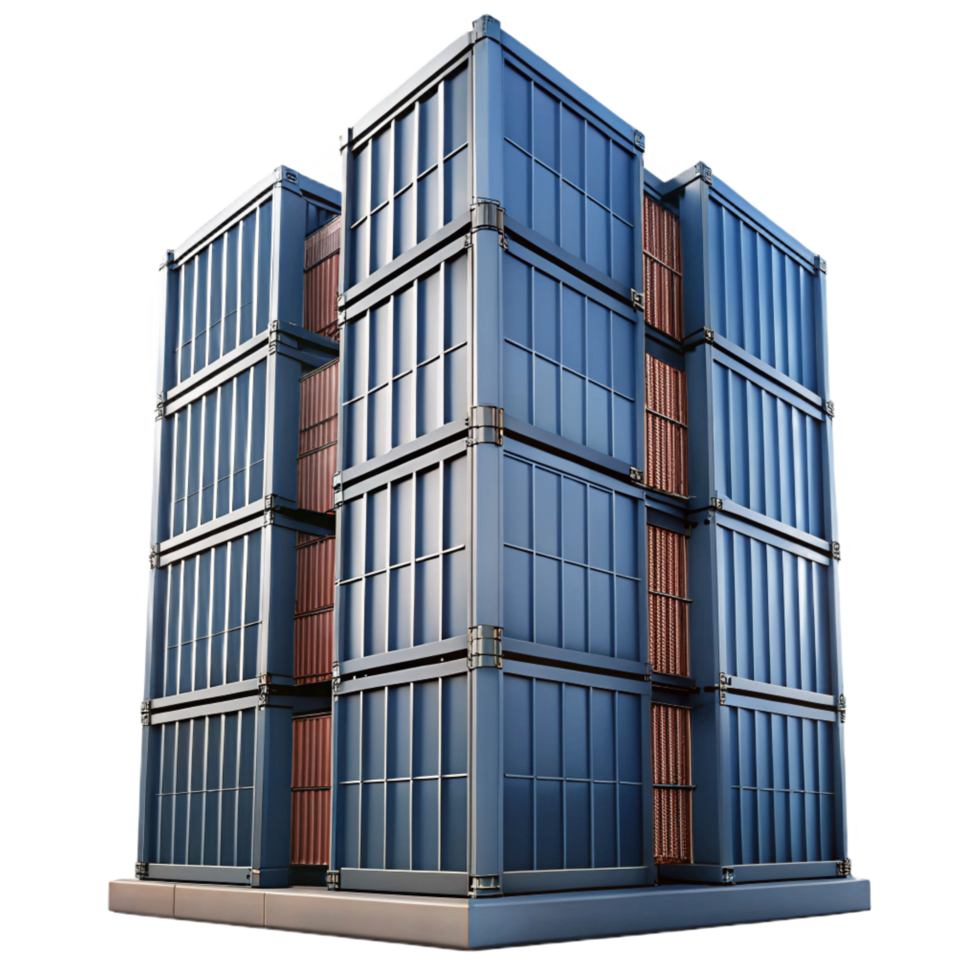 sumptuous acclaimed A towering skyscraper made of stacked shipping containers, industrial style, gritty realism, overcast lighting, png