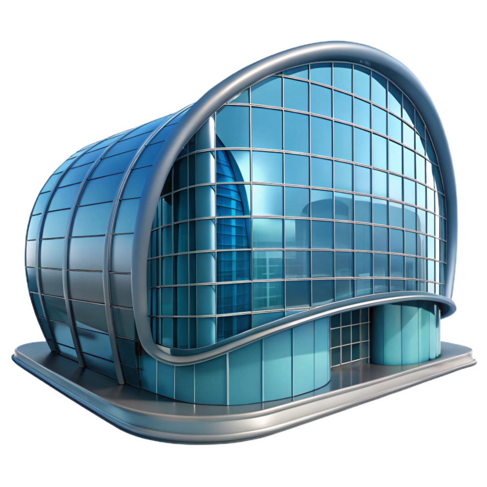 immaculate surreal A futuristic building with a curved glass facade, reflections of the city, architectural visualization style handcrafted png
