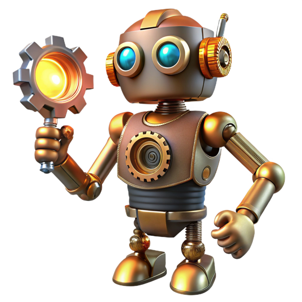 glorious romantic artistic A steampunk robot, with intricate gears and glowing eyes, holding a wrench. Industrial, factory lighting. Cyberpunk style handcrafted png