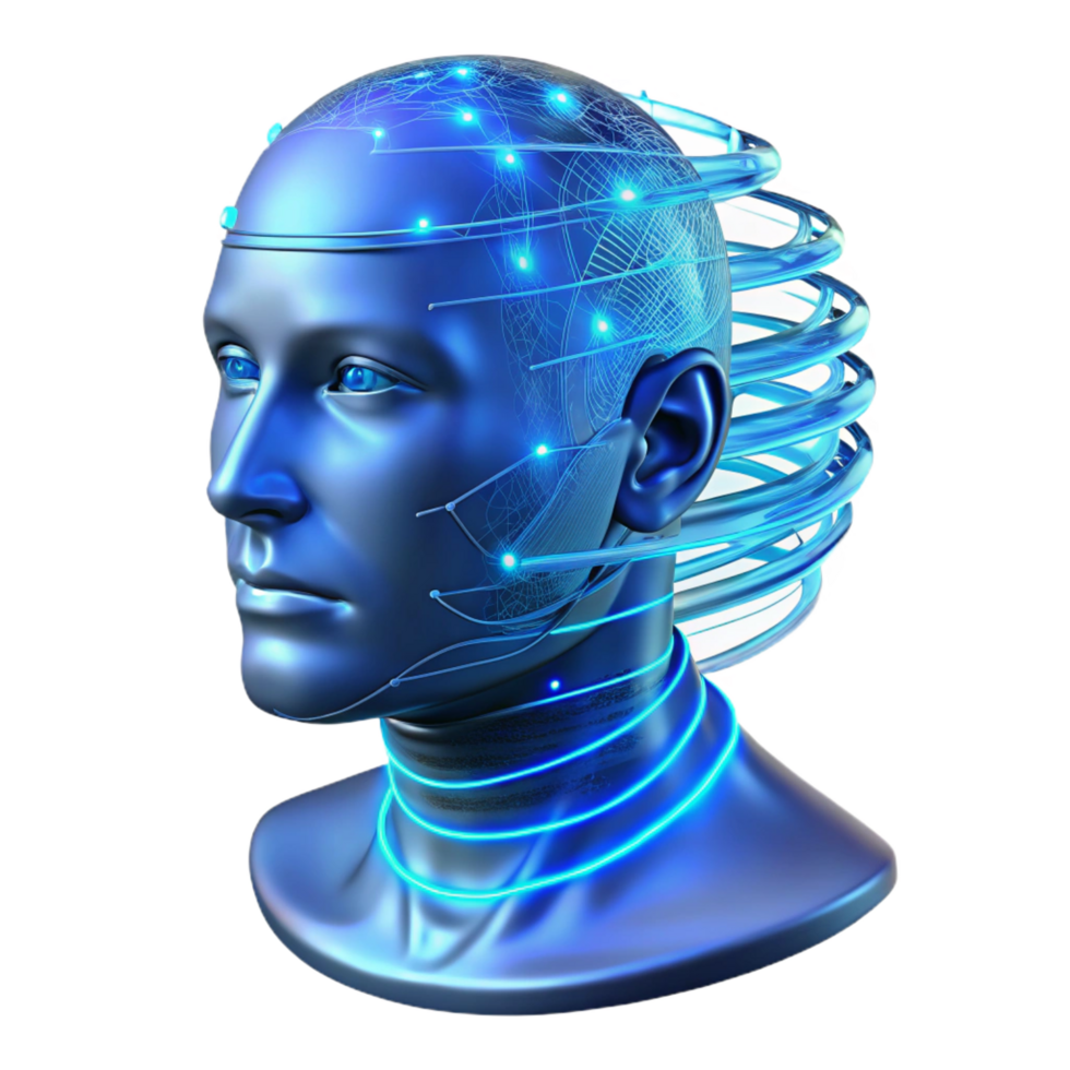impressive reflective geometric A transparent human head filled with swirling lines of code, illuminated from within by a pulsating blue light, cyberpunk style top tier png