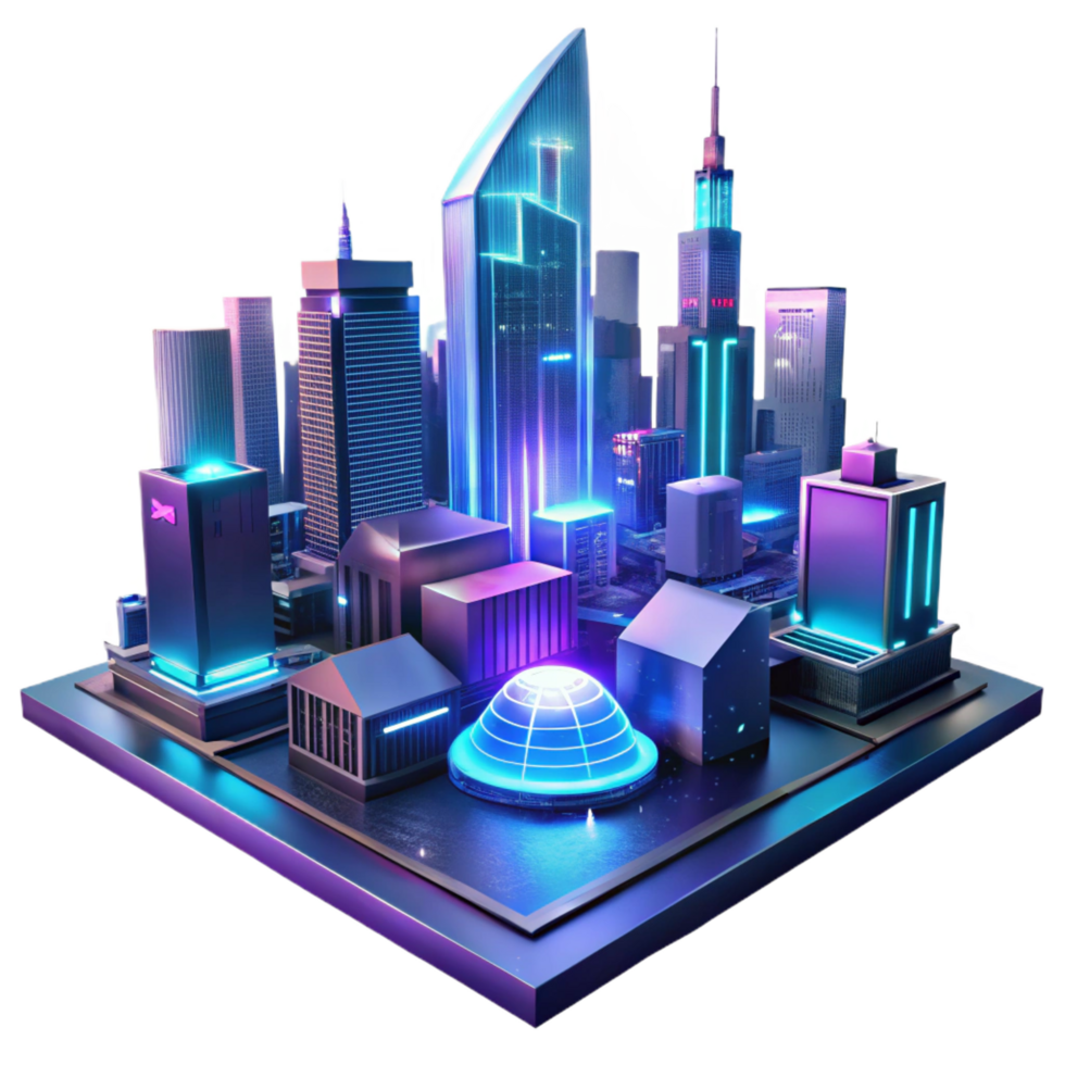 notable avant garde A futuristic cityscape at night, towering holographic advertisements shimmering in the rain, cyberpunk style, neon lights reflecting in puddles, viewed from a low angle 4K png