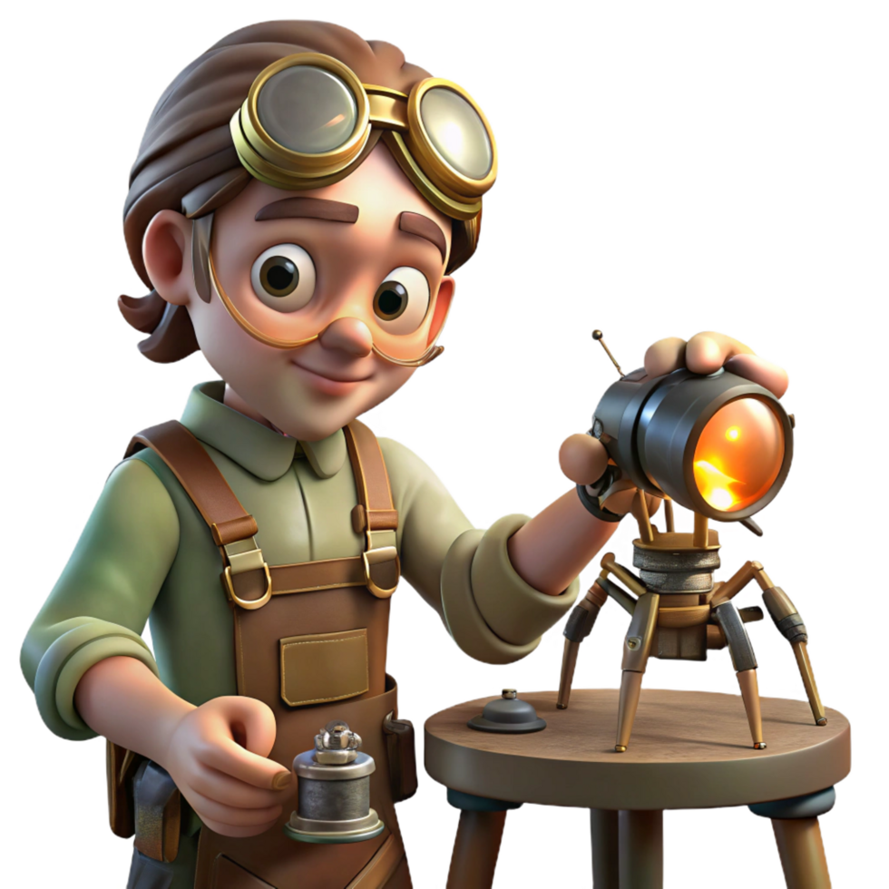 playful enchanting A lone steampunk inventor in goggles and leather apron, tinkering with a miniature robot spider, amidst a chaotic workshop, dimly lit by a single oil lamp, realistic style crisp png
