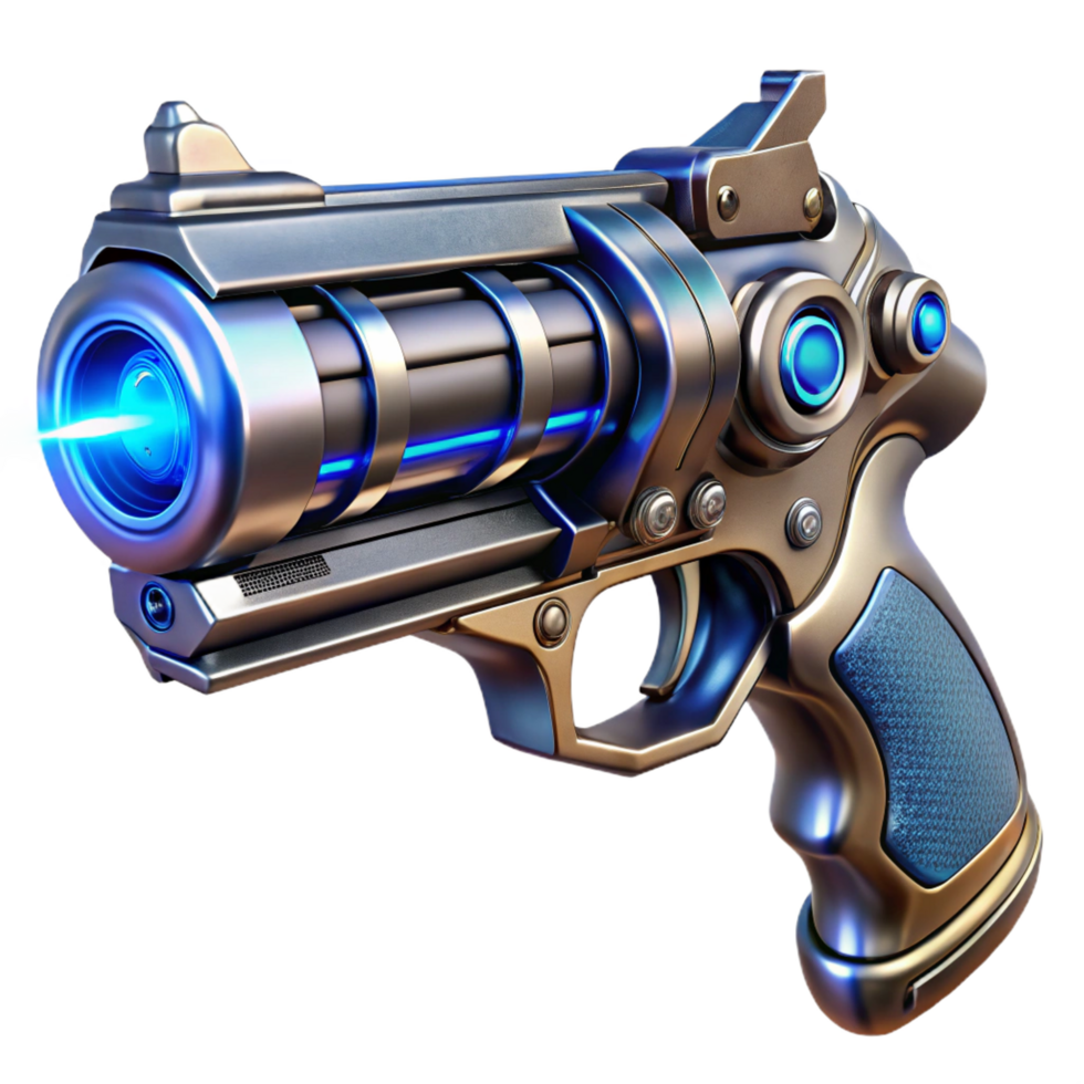 quintessential artistic A sleek, chrome steampunk pistol with intricate engravings, glowing blue energy core, dramatic spotlight, hyperrealistic render elite png