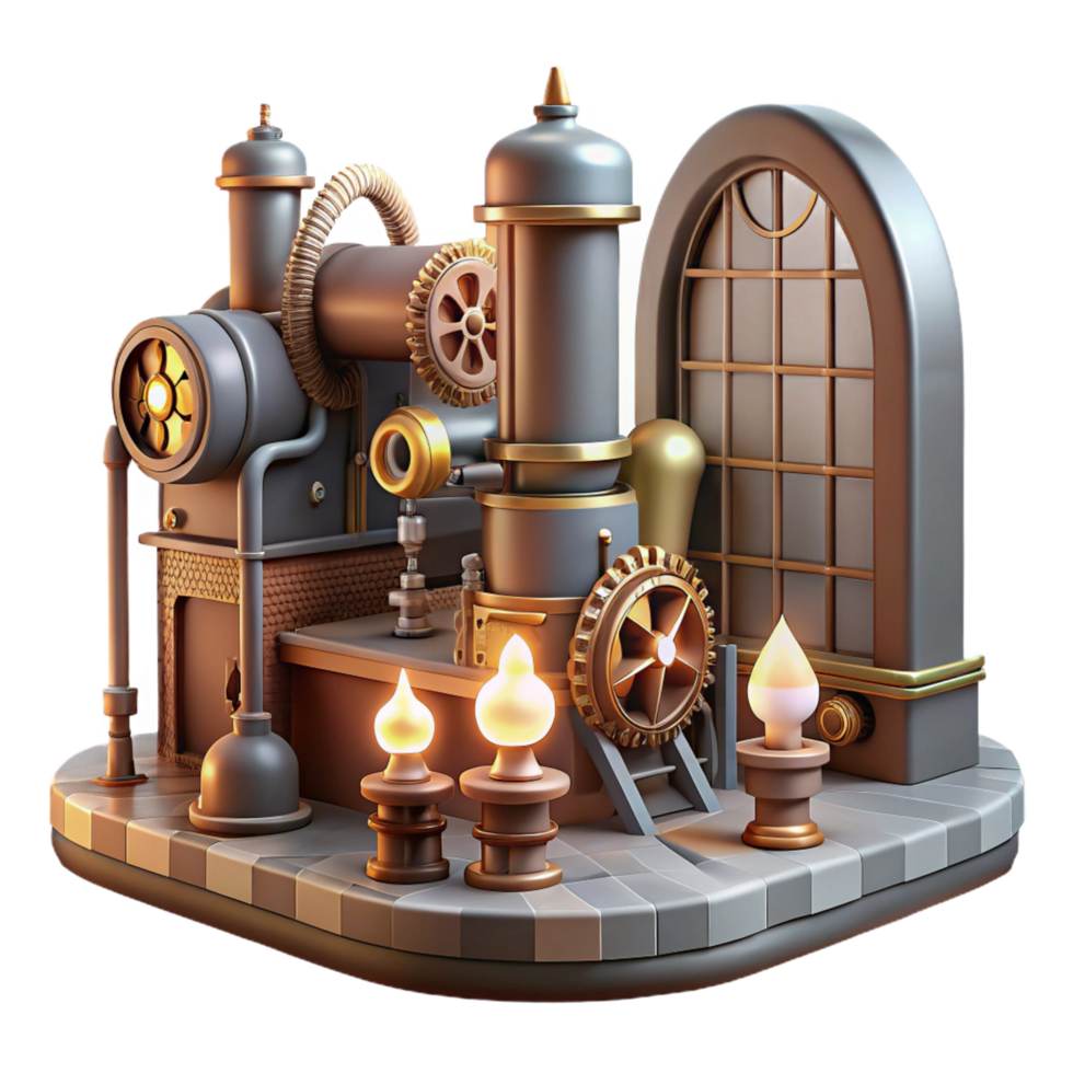 elegant geometric A steampunk factory interior with gears, pipes, and steam, industrial lighting, concept art style 8K png