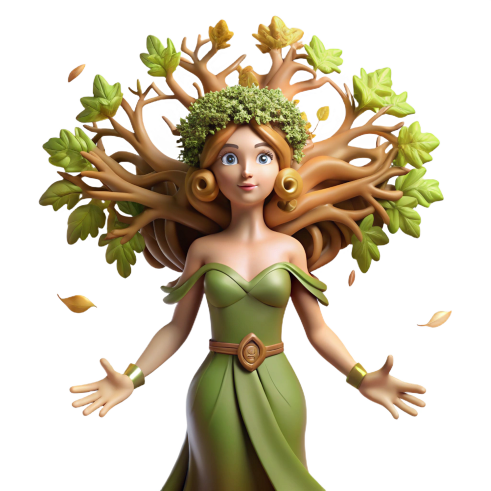 timeless futuristic An elegant dryad emerging from an ancient oak, leaves swirling, dappled sunlight, Pre Raphaelite style handcrafted png
