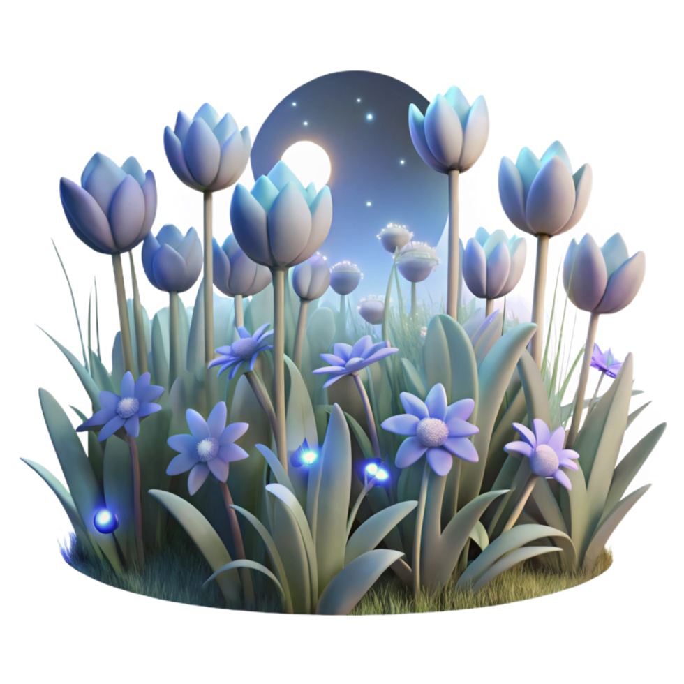 playful enchanting A field of bioluminescent wildflowers at night, soft moonlight, dreamlike and painterly style masterfully captured png