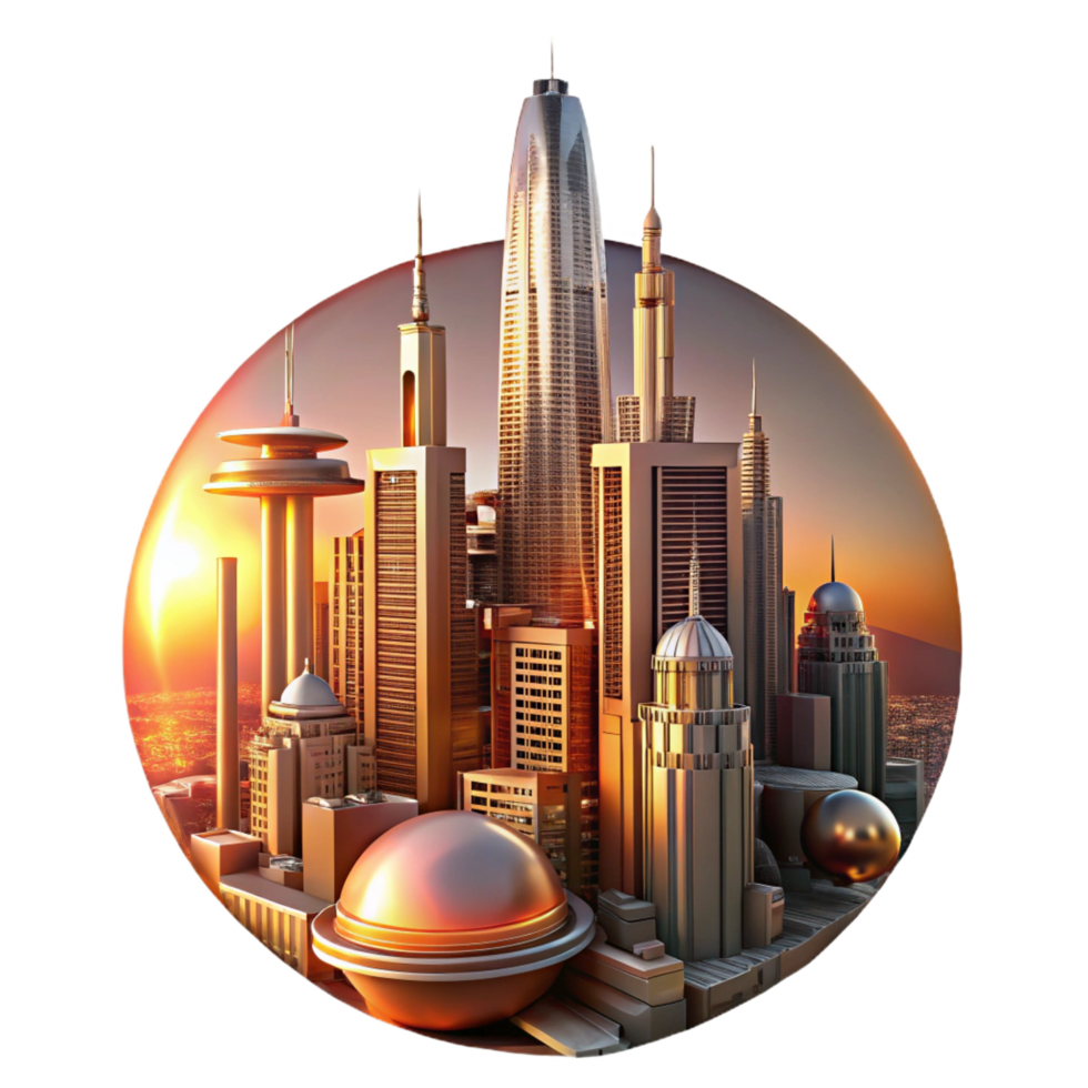 rare baroque A towering, chrome metropolis on a distant, ringed planet, flying vehicles zipping between skyscrapers, bathed in the warm, orange light of a binary sunset. Art Deco style refined png