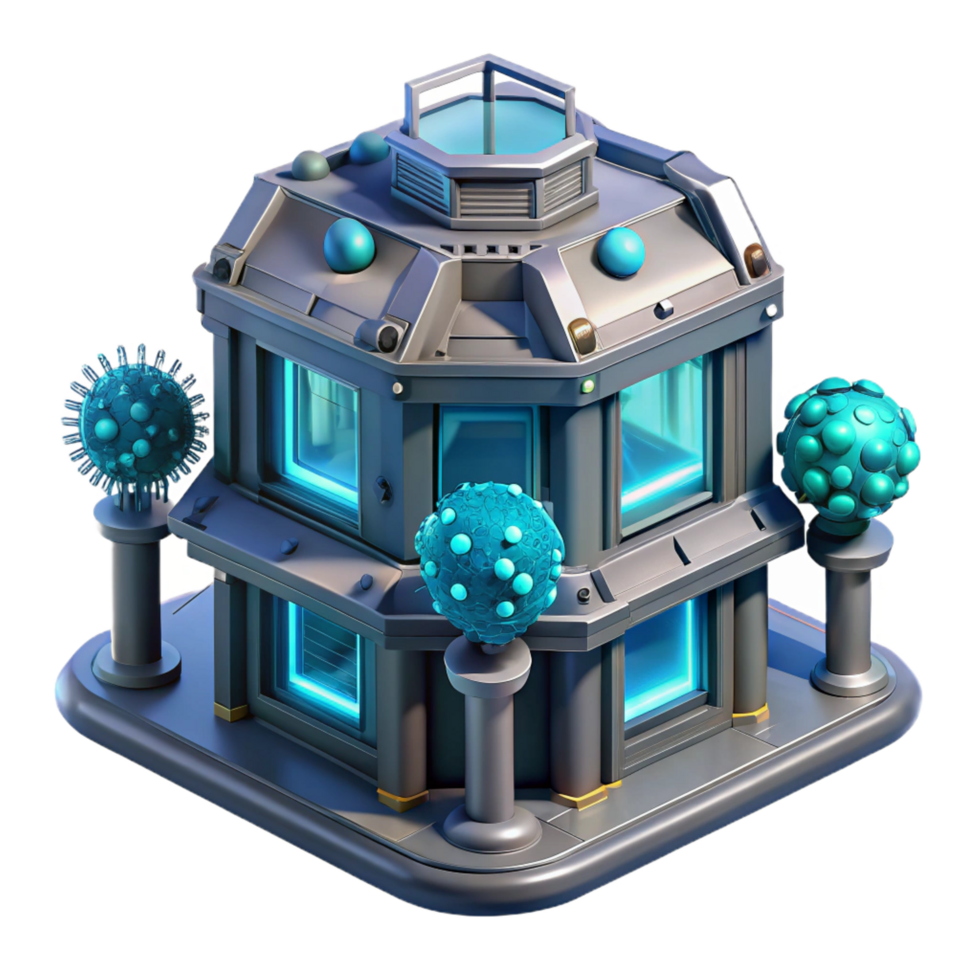 whimsical picturesque A microscopic view of a nanobot constructed building, intricate details, bioluminescent lighting, scientific atmosphere, futuristic style, refined png