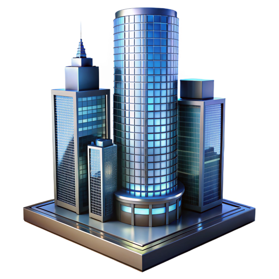 radiant memorable A glass and steel skyscraper, reflective surfaces, city lights at night, modern atmosphere, architectural style, png