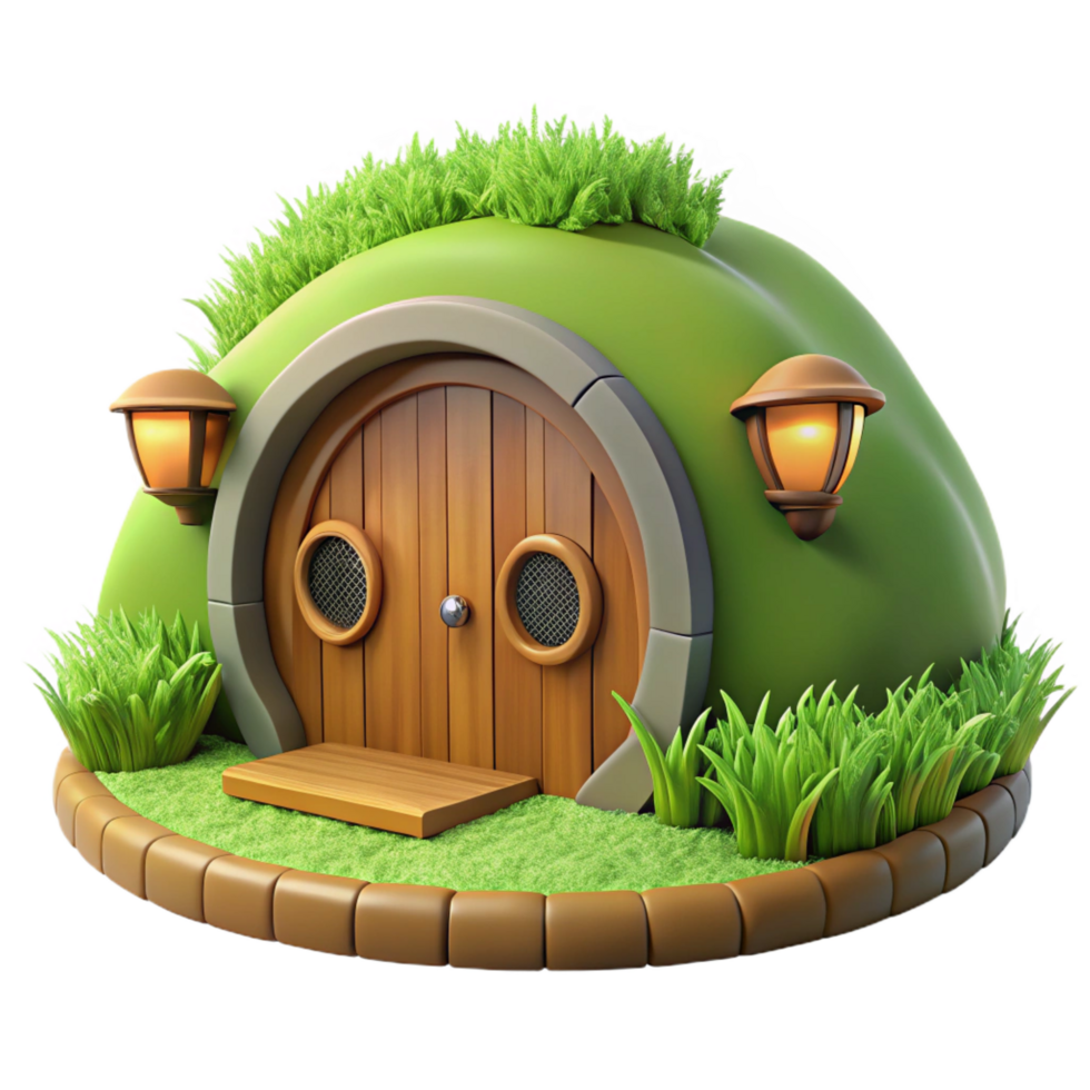 exquisite distinctive A hobbit hole built into a hillside, round wooden door, lush green grass, idyllic atmosphere, fantasy style, png