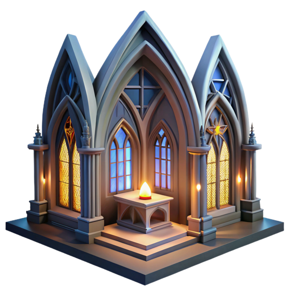 romantic radiant A gothic cathedral interior, stained glass windows, dim candlelight, solemn atmosphere, religious style, masterfully captured png