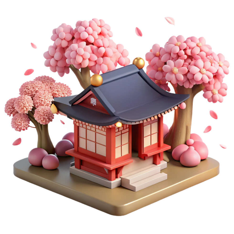 immaculate unforgettable A solitary Japanese tea house nestled amongst cherry blossoms, soft diffuse daylight, anime style png