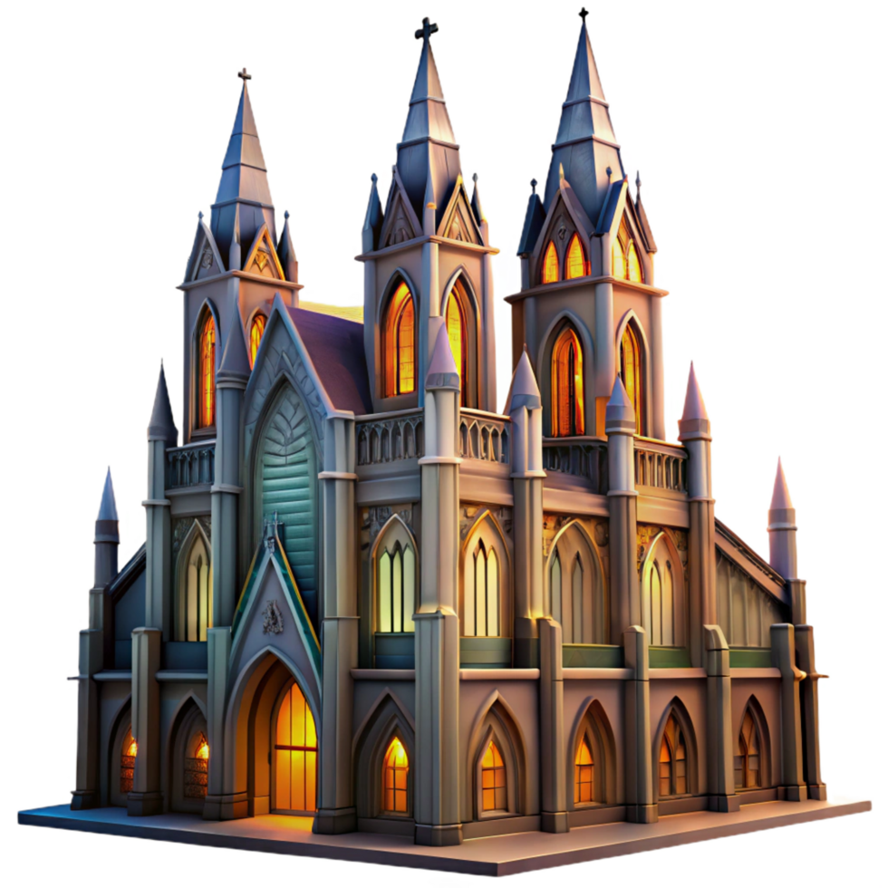 striking urban A towering Gothic cathedral with intricate stained glass windows, dramatic sunset lighting, digital painting style premium png