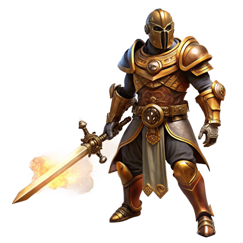 melancholic mesmerizing A fierce steampunk warrior, clad in ornate brass armor, wielding a Tesla powered sword, against a backdrop of smoke and embers, dynamic lighting, comic book style handcrafted png