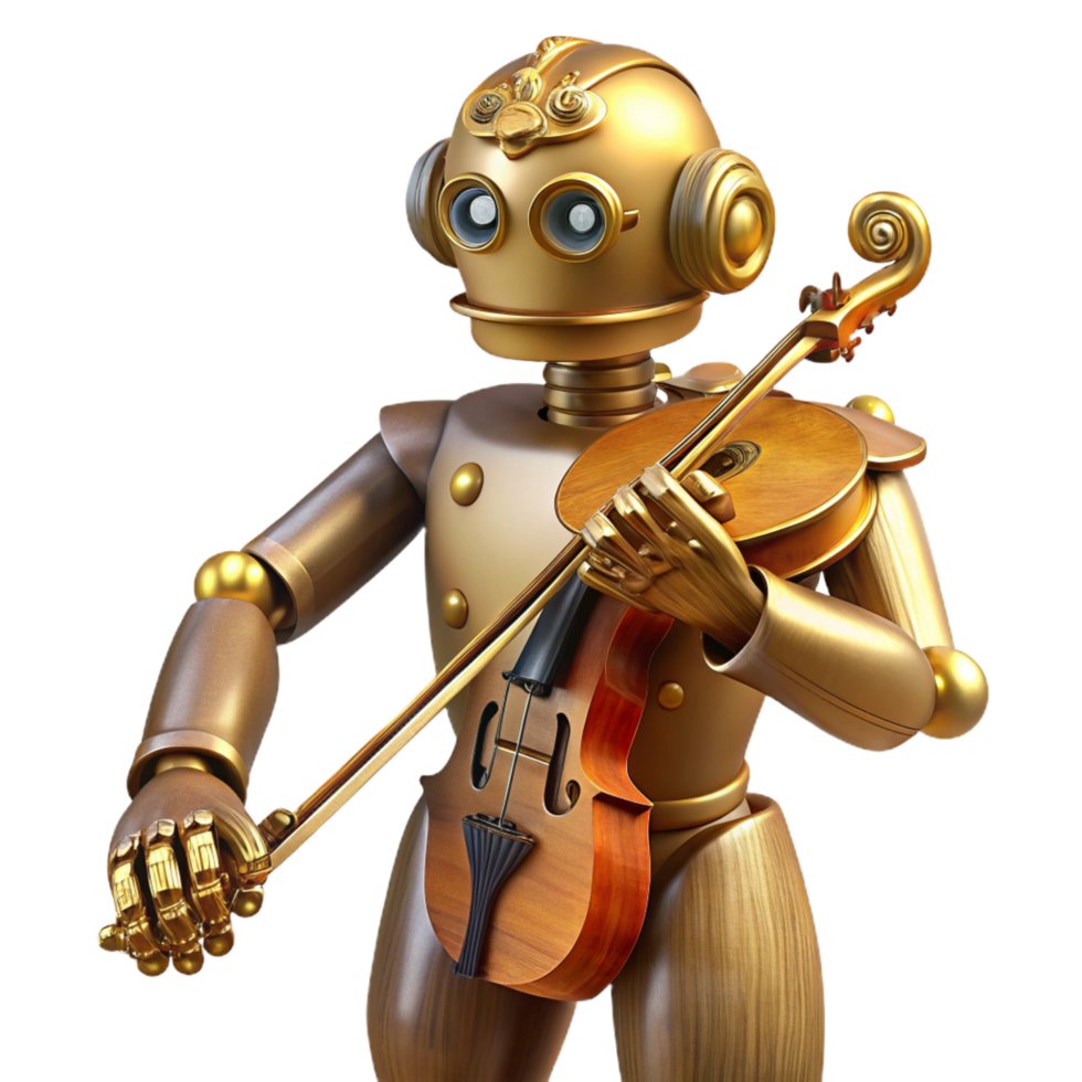 nostalgic stunning A whimsical steampunk robot, made of polished wood and brass, playing a violin, in a dimly lit workshop, soft, warm lighting, art nouveau style precision png