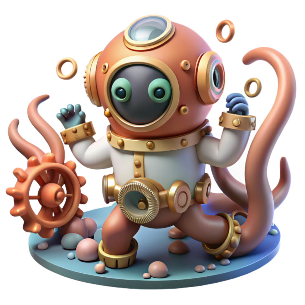 quintessential surreal A curious steampunk octopus in a diving suit, exploring a coral reef of gears and cogs, underwater lighting, whimsical style premium png