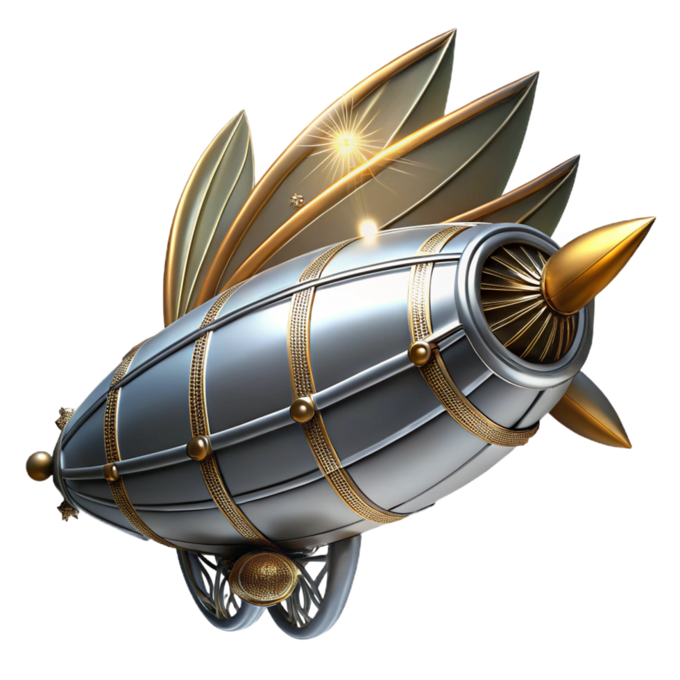 gorgeous ethereal elegant A sleek steampunk airship, silver and gold, with intricate wing designs, soaring through a starry night sky, ethereal lighting, art deco style fine detail png