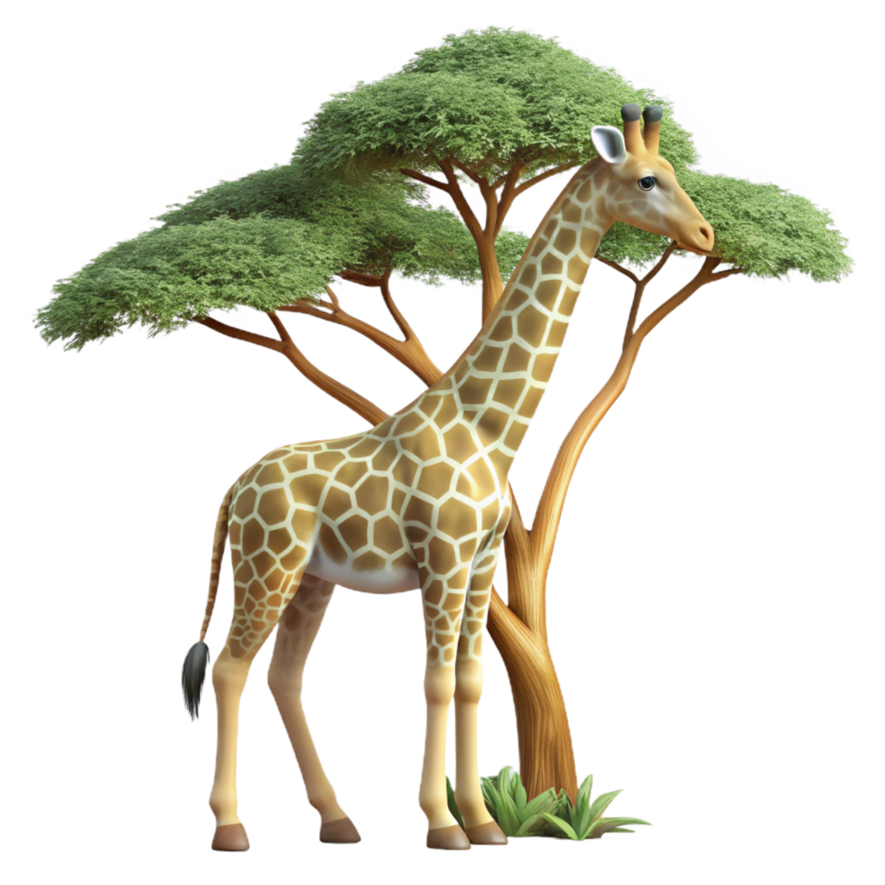 memorable baroque A graceful giraffe reaching for leaves on a tall tree, African savanna setting, realistic rendering professional png