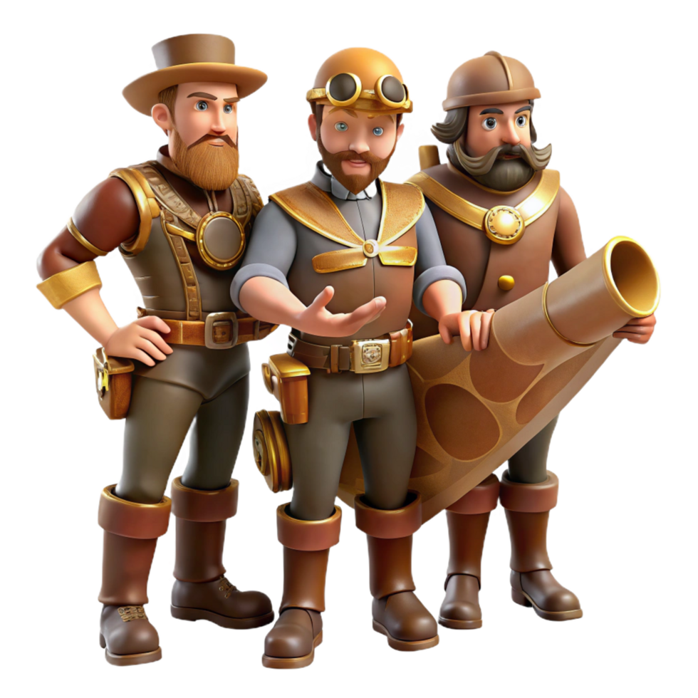 serene memorable A group of steampunk explorers, in leather and brass attire, charting a course on a large map, warm lighting, adventure style png