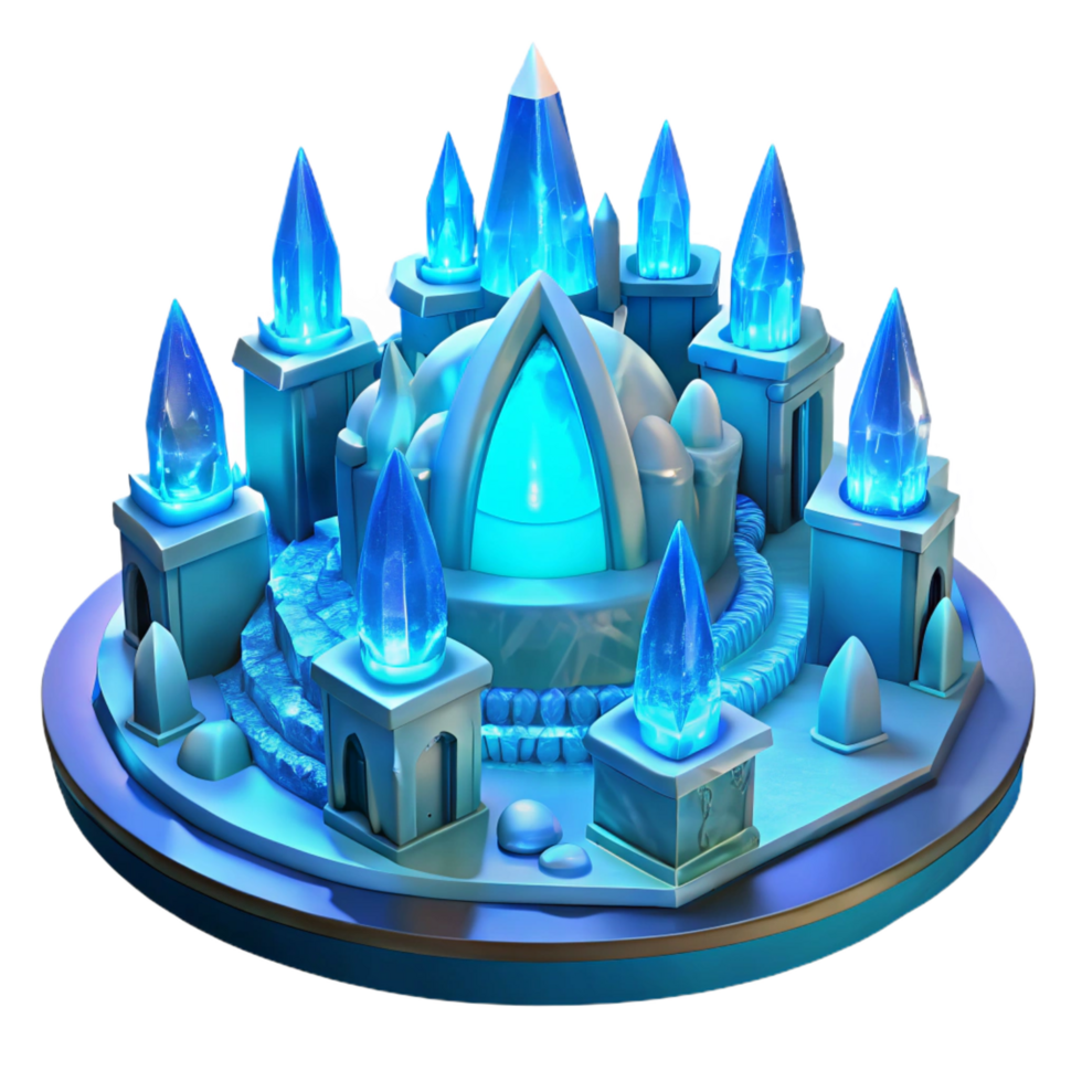 peaceful magnificent An ice palace with intricate ice sculptures and glowing blue light, winter landscape, fantasy art fine detail png