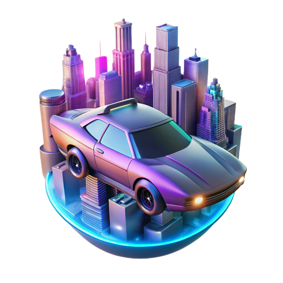enchanting geometric A futuristic flying car hovering above a neon lit cityscape, cyberpunk style, ray tracing high quality png