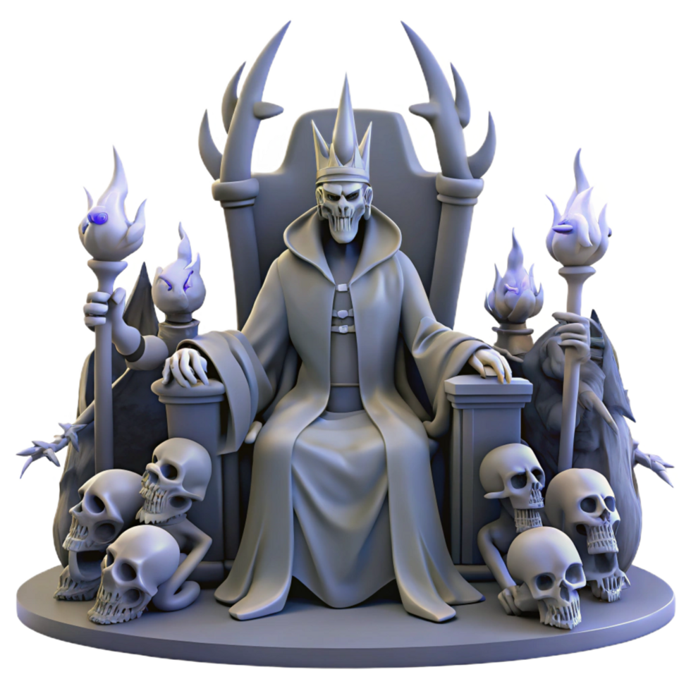 radiant nostalgic futuristic Hades enthroned in the underworld, surrounded by shades and skeletal figures, dark fantasy style, dim, ghostly lighting sharp png