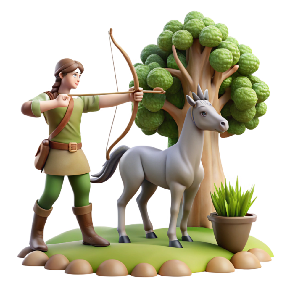 unforgettable mid century A wise centaur teaching archery to a young human, surrounded by towering trees, fantasy art style, dappled forest light impeccable png