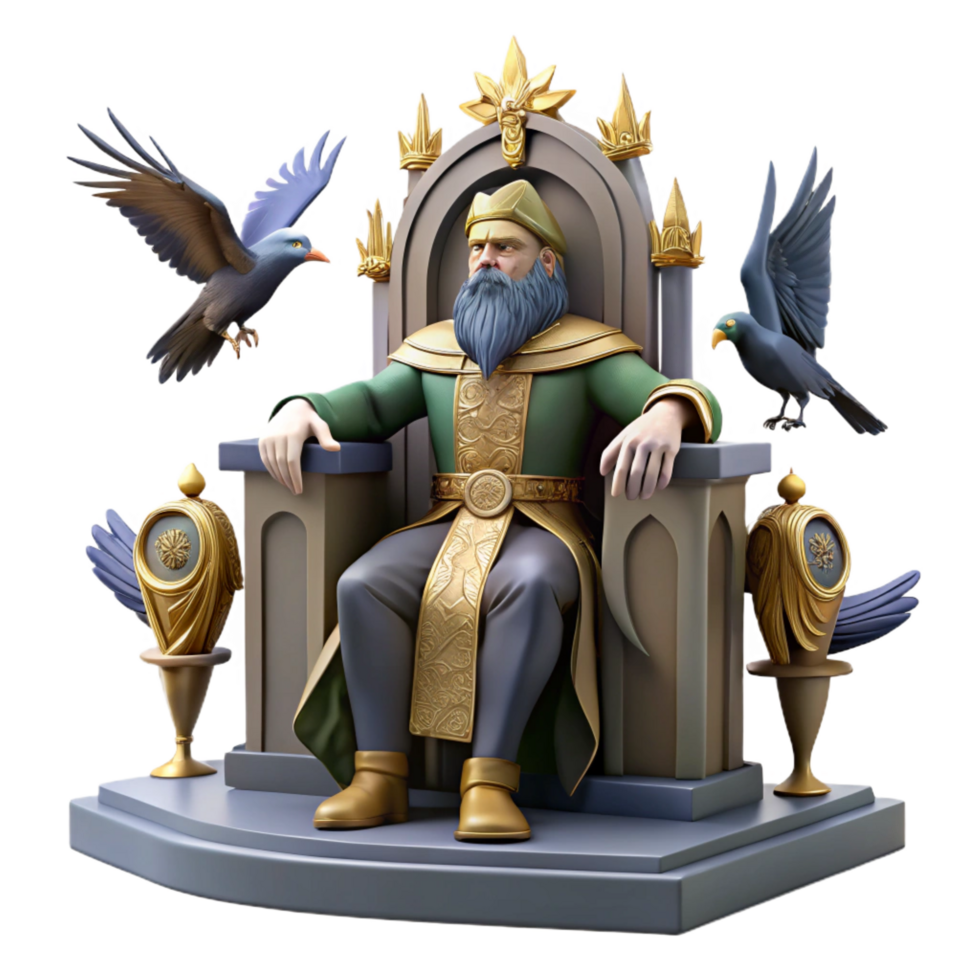 majestic dramatic gothic A wise Odin perched on his throne, ravens circling overhead, Norse mythology style, grand, regal lighting authentic png