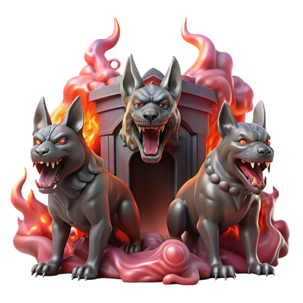 striking elegant A fierce, three headed Cerberus guarding the gates of the underworld, surrounded by swirling crimson smoke, lit by hellfire. Dark fantasy style gallery standard png