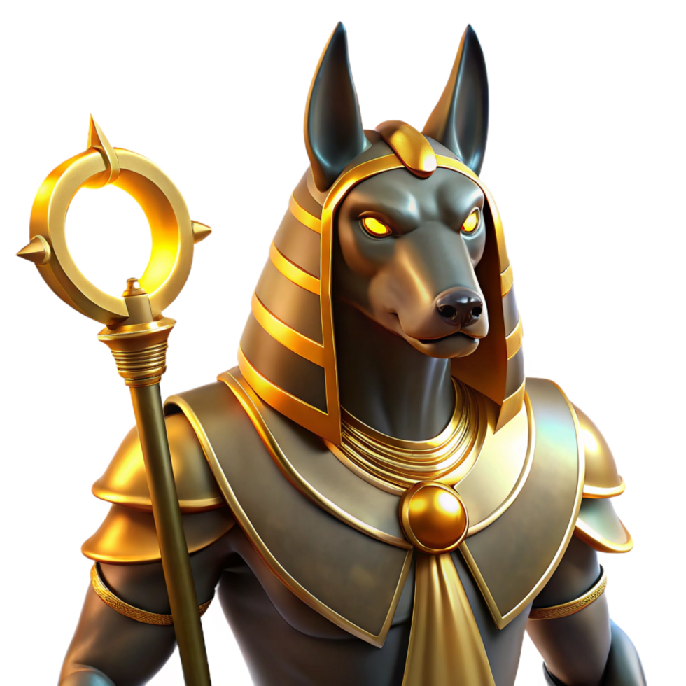 fascinating remarkable Anubis, the Egyptian god of the dead, depicted with a jackal s head and regal golden armor, holding a glowing ankh, in a dramatic chiaroscuro lighting style. Hyperrealistic png