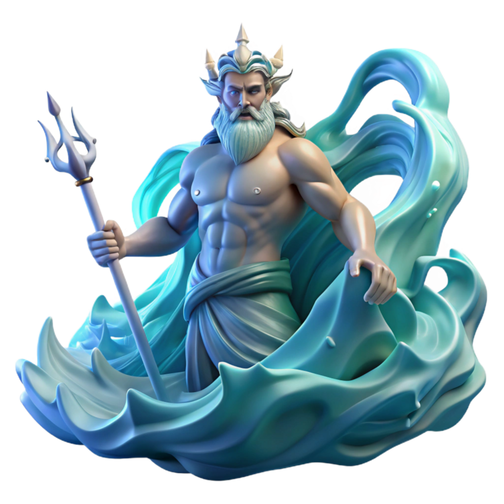 tranquil splendid Poseidon, God of the Sea, rising from a tempestuous ocean, wielding his trident, surrounded by swirling water and lightning strikes. Dynamic lighting. Art Deco style detailed png
