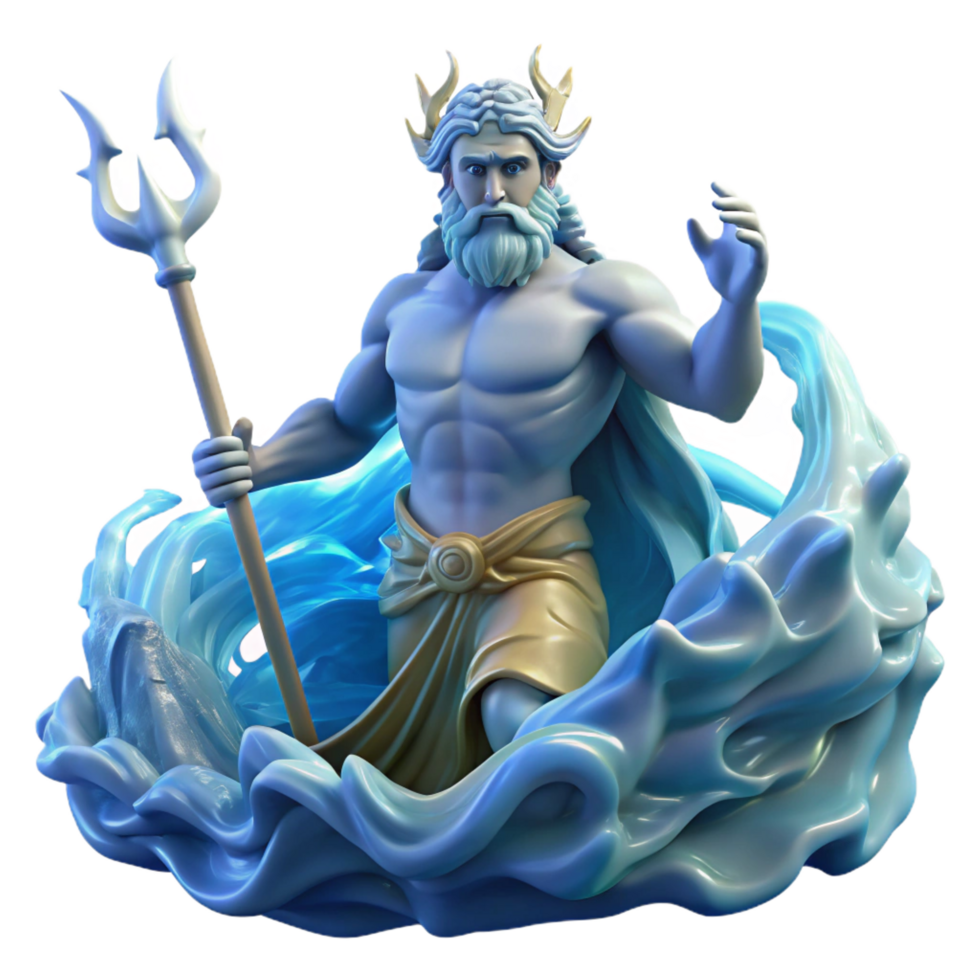 impressive retro Poseidon, God of the Sea, rising from a tempestuous ocean, wielding his trident, surrounded by swirling water and lightning strikes. Dynamic lighting. Art Deco style detailed png