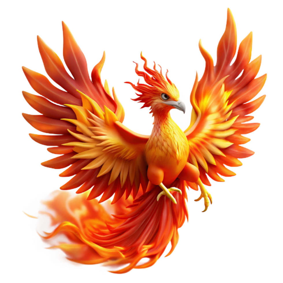 immaculate peaceful artistic A majestic phoenix rising from its ashes amidst a fiery explosion, feathers blazing with vibrant oranges and reds. Impressionist style gallery standard png