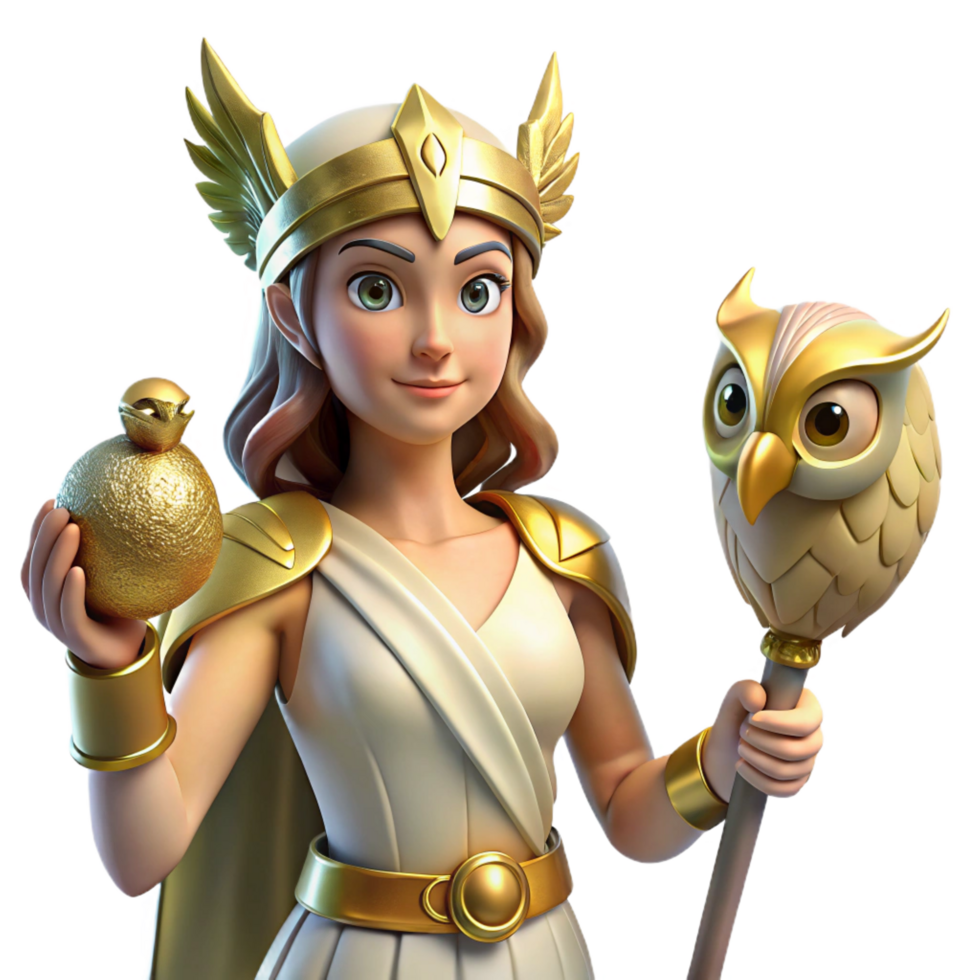 tranquil wonderful A wise Athena, the Greek goddess of wisdom and warfare, wearing a golden helmet and holding an owl, bathed in bright, clear light. Classical style handcrafted png