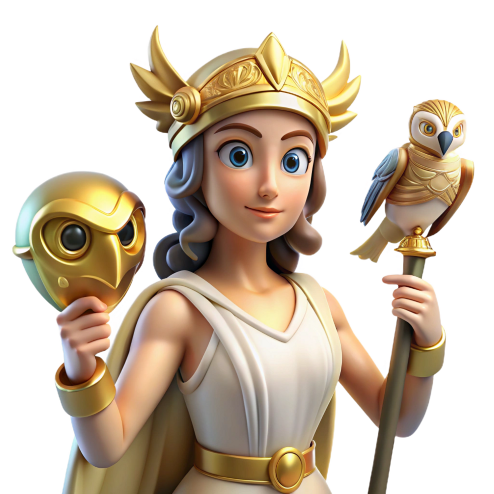 vibrant artistic A wise Athena, the Greek goddess of wisdom and warfare, wearing a golden helmet and holding an owl, bathed in bright, clear light. Classical style crisp png