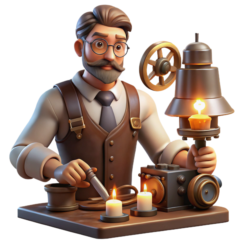 passionate breathtaking A portrait of a steampunk inventor in his workshop, surrounded by tools and gadgets, illuminated by the warm glow of a forge and the soft light of a desk lamp luxury png