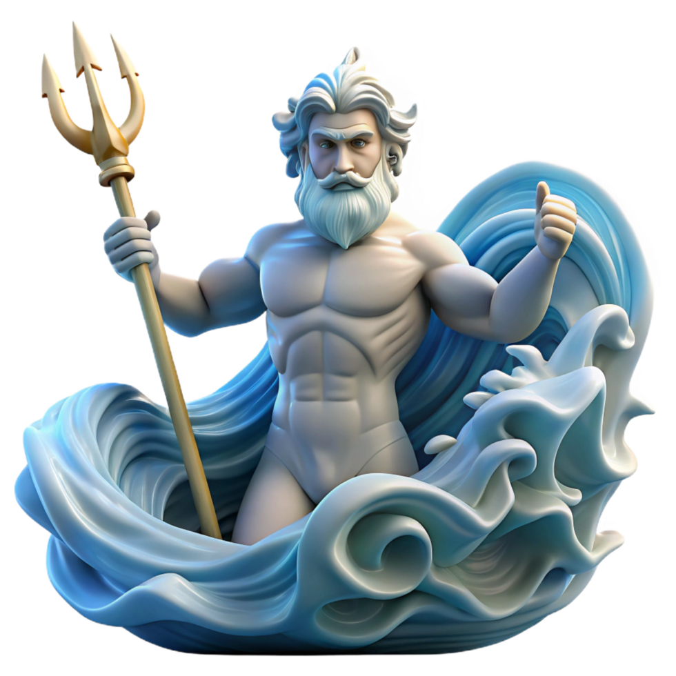 unforgettable baroque Poseidon commanding a storm tossed sea, trident raised, waves crashing around him, Romantic style, dramatic, stormy lighting, handcrafted png