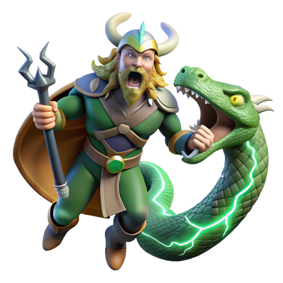 exquisite impressionist Thor battling the Midgard Serpent, Jormungandr, lightning crackling, Norse mythology style, dynamic lighting, high quality png