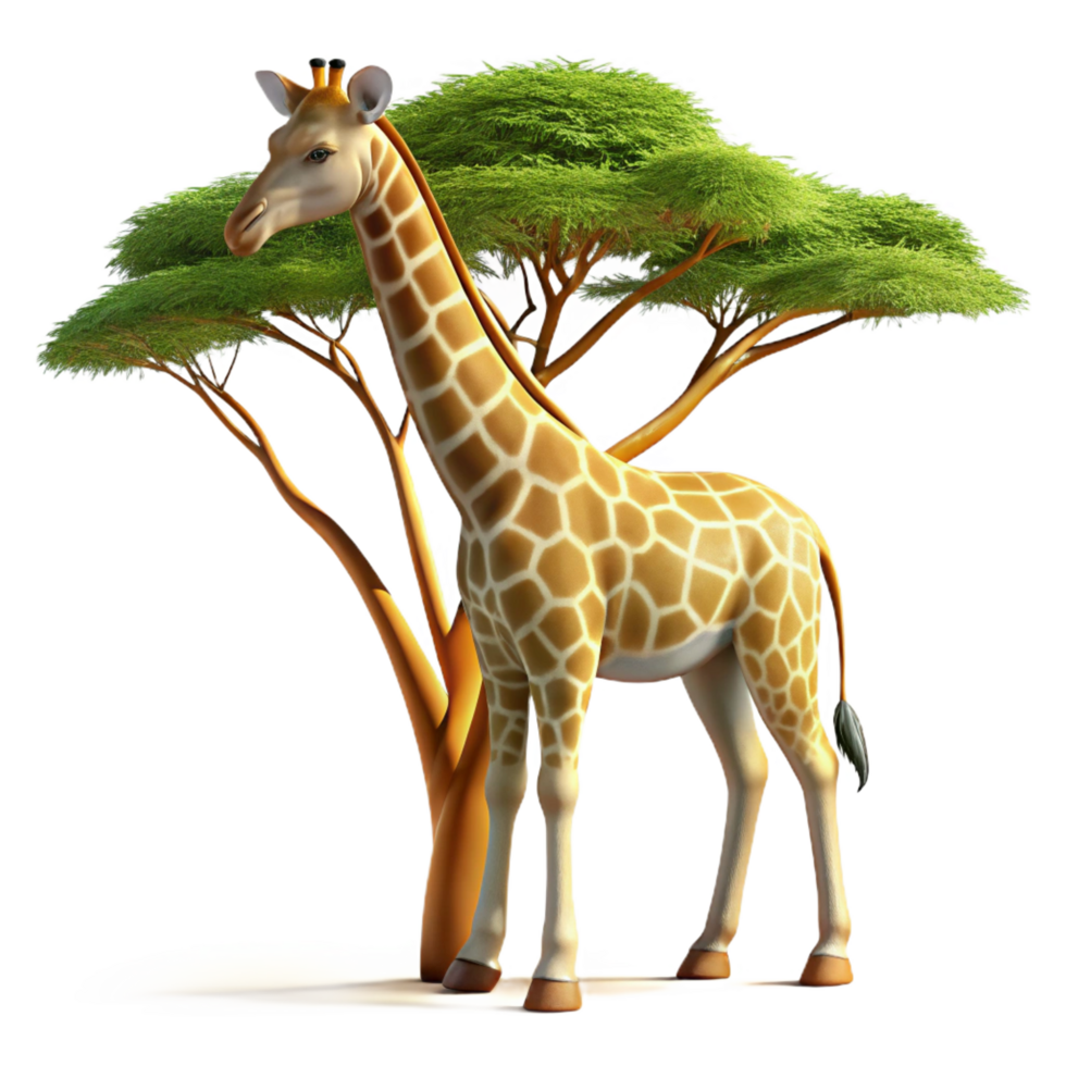 immaculate memorable A graceful giraffe reaching for leaves on a tall acacia tree, bathed in warm sunlight, rendered in a photorealistic style png