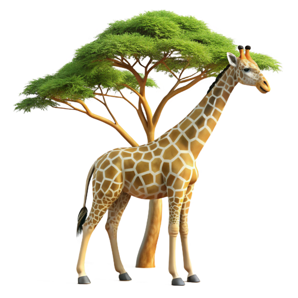 quintessential nordic A graceful giraffe reaching for leaves on a tall acacia tree, bathed in warm sunlight, rendered in a photorealistic style masterfully captured png