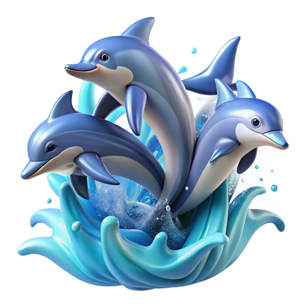 breathtaking playful organic A group of playful dolphins leaping from the ocean waves, illuminated by bright sunlight, painted in a dynamic and energetic style artisan png