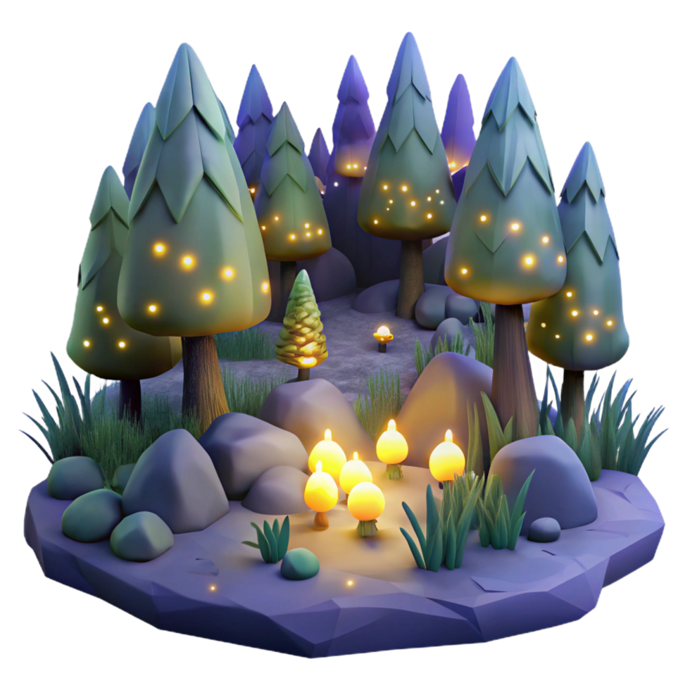 distinctive baroque A group of fireflies illuminating a dark forest at night, rendered in a magical, dreamlike style crisp png